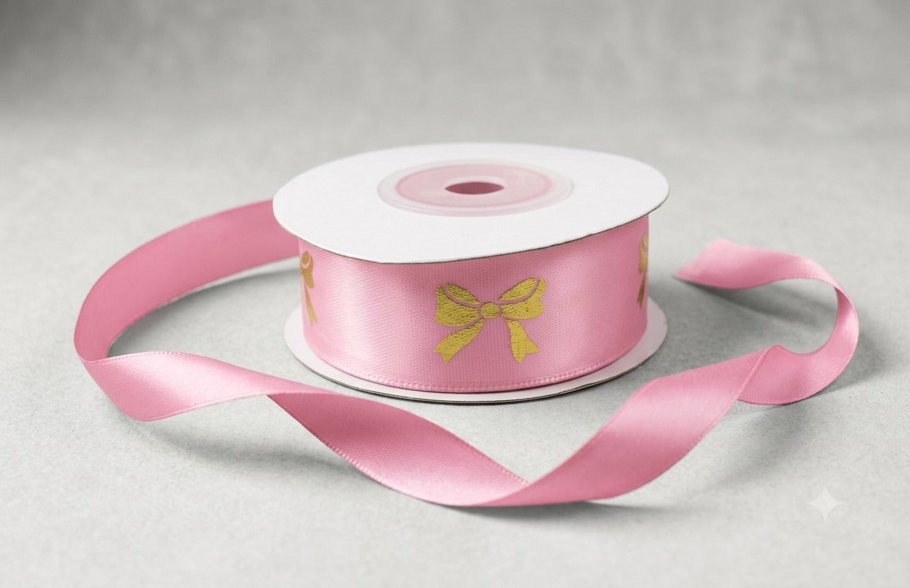 Bow printed pink satin ribbon 1 roll