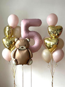 Teddy number heart helium balloons