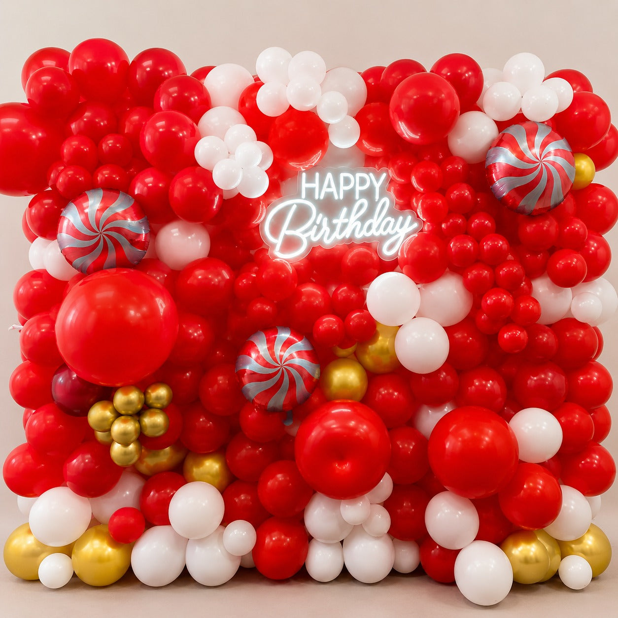 Premium Red Balloon Backdrop Decoration with Neon Happy Birthday Sign &amp; Stand Rental | Party Decoration Package
