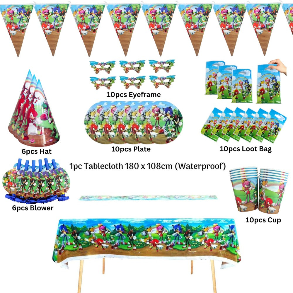 Sonic the Hedgehog Birthday Party Tableware Set for 10 Guests | Disposable Plates, Cups, Banner & Party Decorations