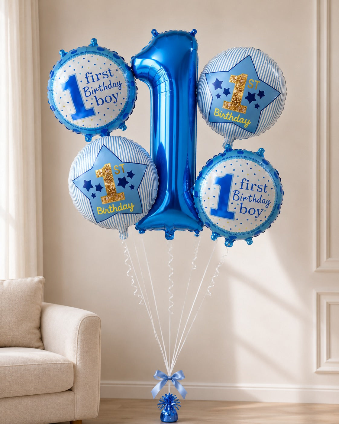 Blue first birthday foil helium balloon
