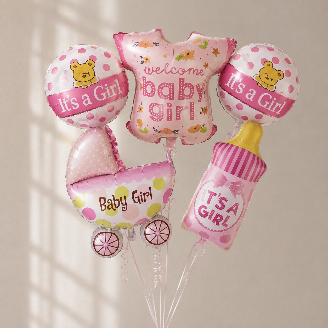 Welcome baby girl 5 pcs helium bunch