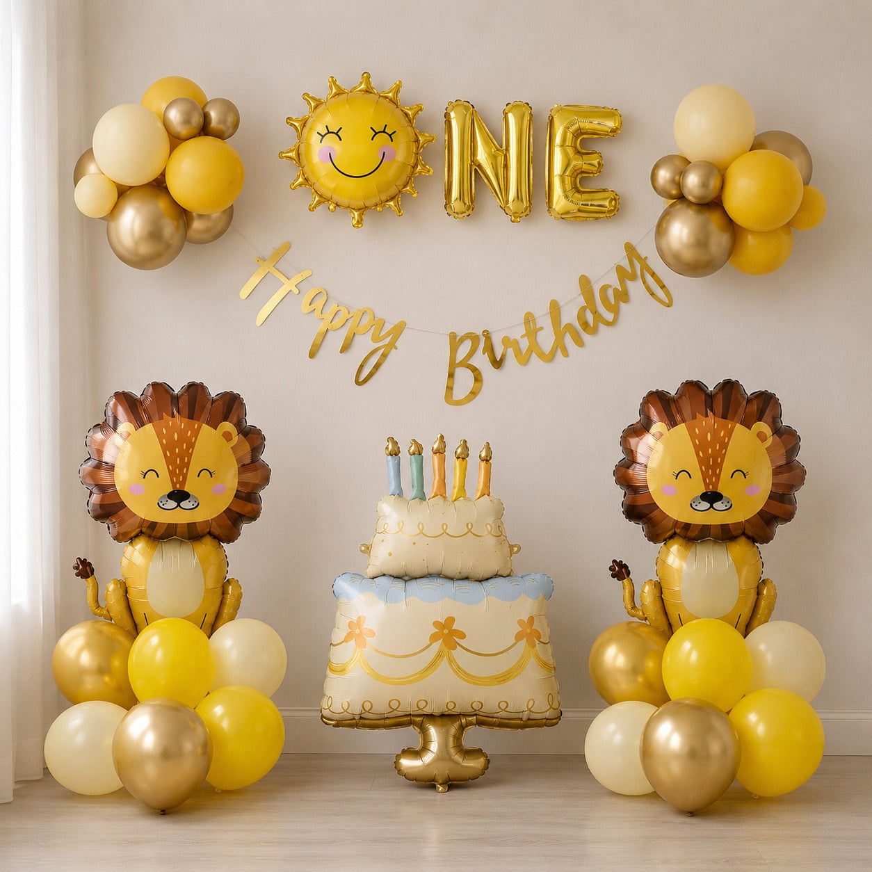 Yellow gold lion sunshine theme first birthday decoration