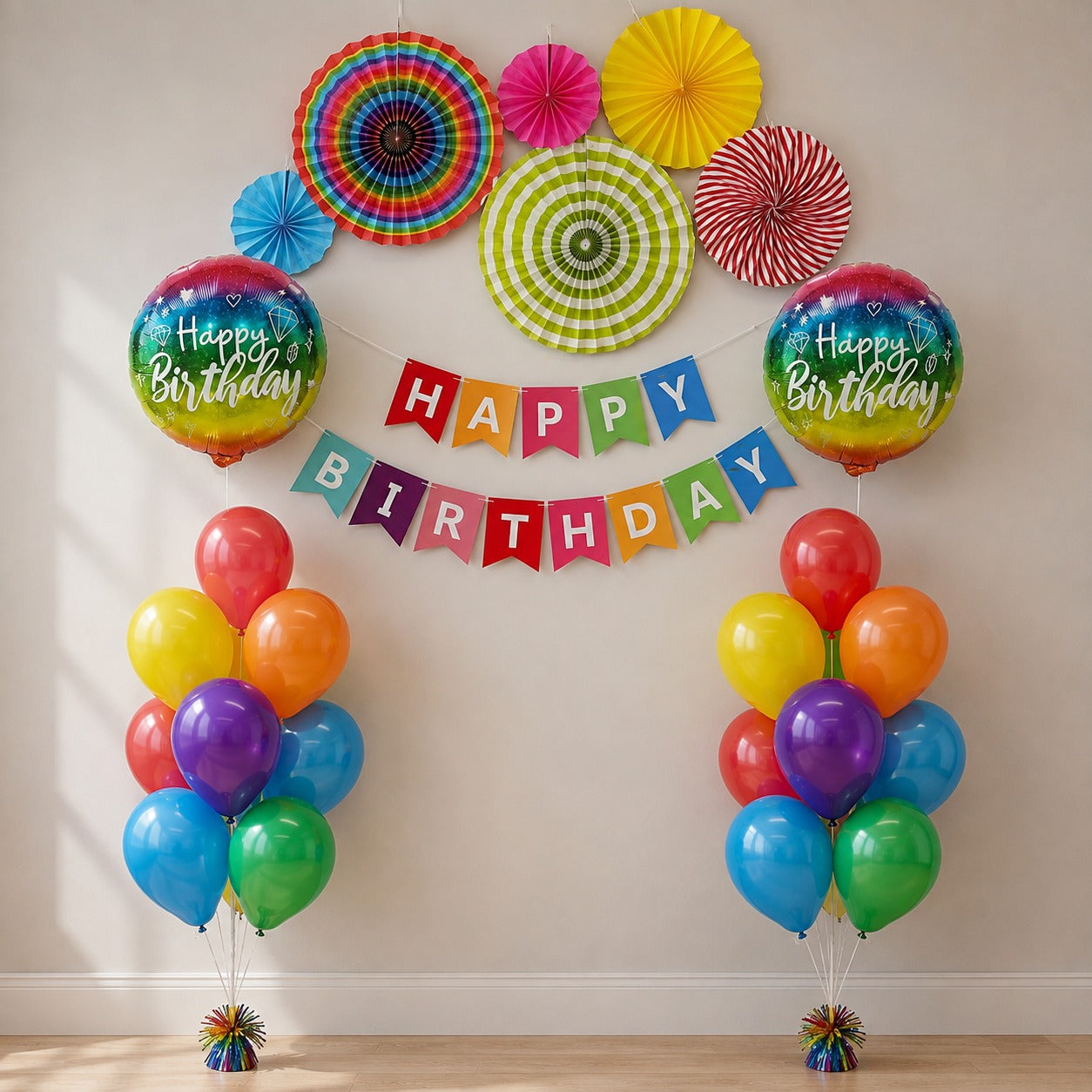 Simple & elegant balloon decoration featuring a paper fan, 20 latex balloons, a banner, and 2 foil balloons — perfect for birthdays and small celebrations.
