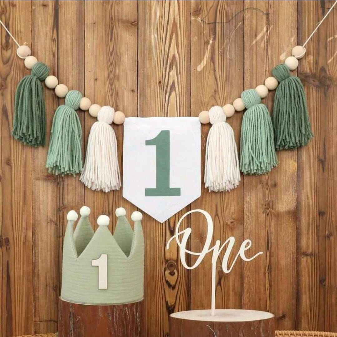 Sage green first birthday decoration set