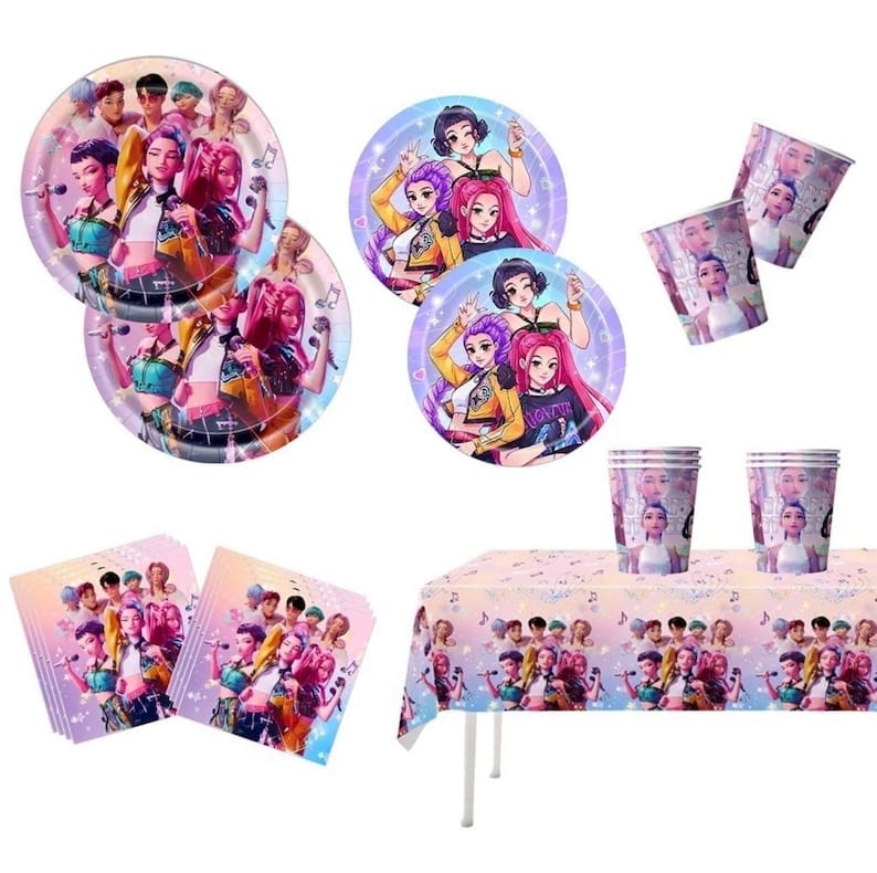 KPop Birthday Party Supplies 51pc Table Set Plates Cups Table Cover