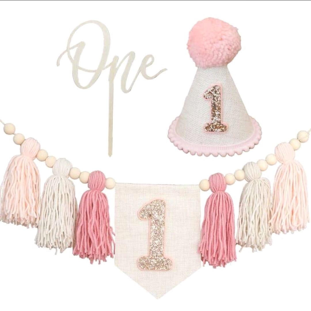 Pink first birthday party cap cake topper set