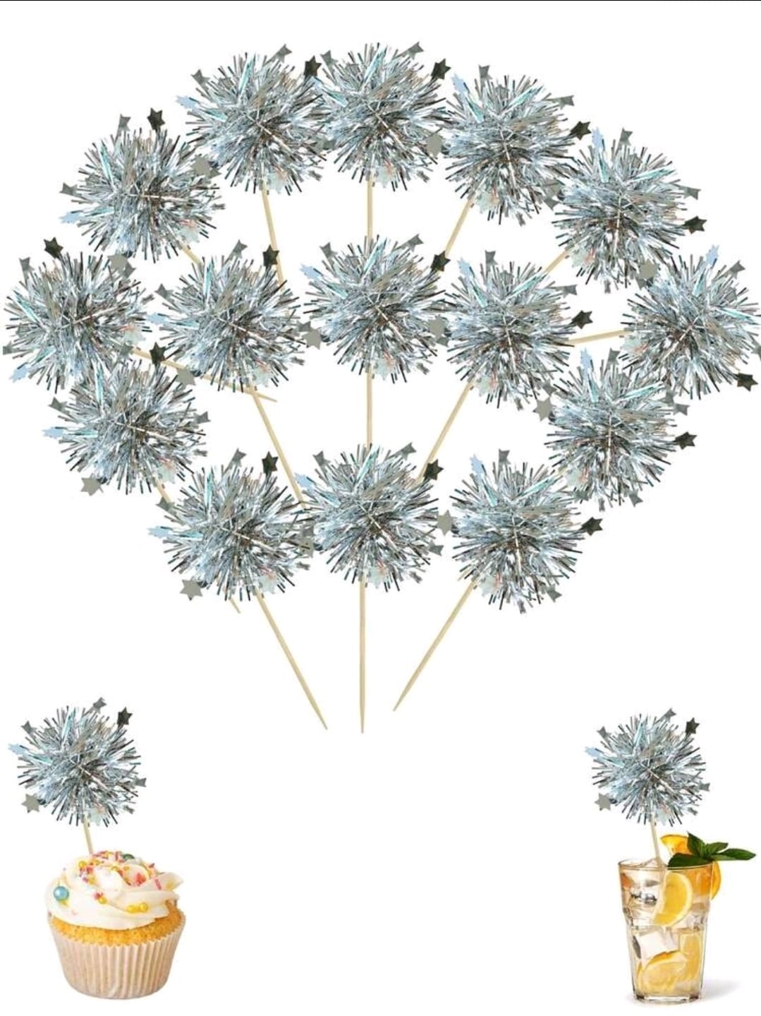 10 silver firework style sparkle cake topper