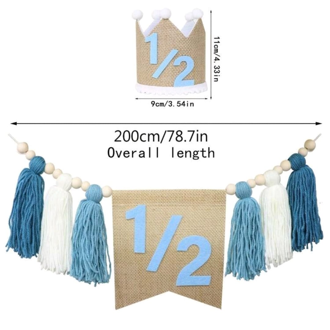 Half birthday blue brown hat and banner set