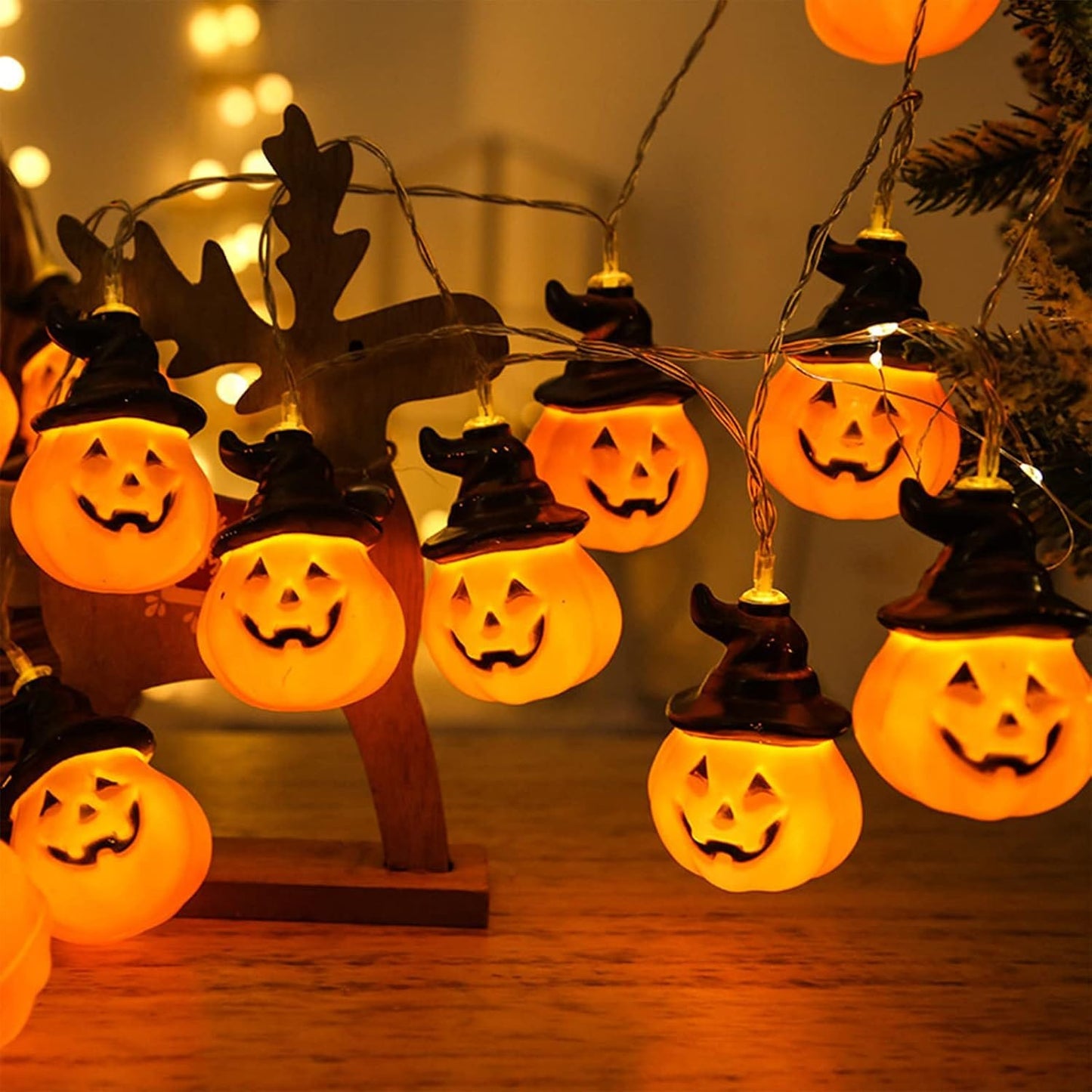 Jack o lantern pumpkin string light spooky effect