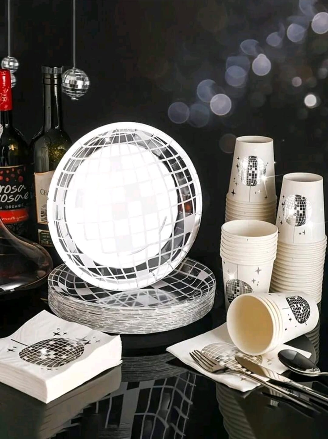100pcs, Disco Ball Party Set - Silvery-Tone Tableware, Include Paper Cups, Paper Plates, Napkins --serves 25