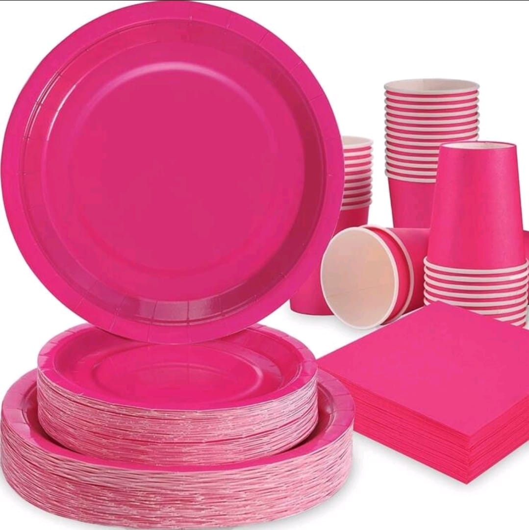 Fuschia pink plate cup set serves 20