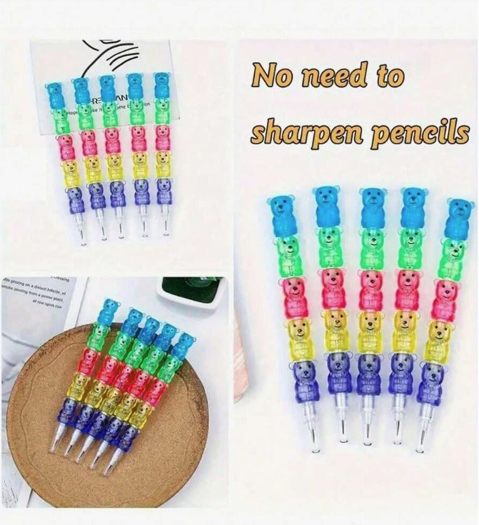 5  Fun Colorful Cartoon Bear Pencils Stackable