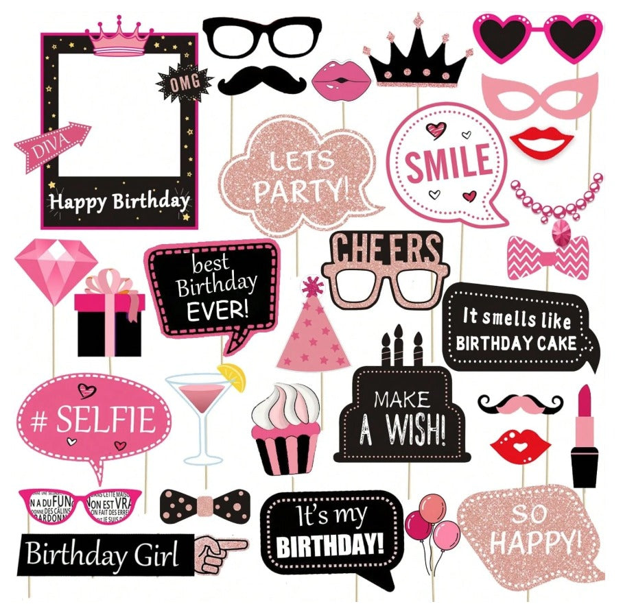 31pcs Pink & Black Birthday Party Photo Props - Rose Gold Glitter Funny