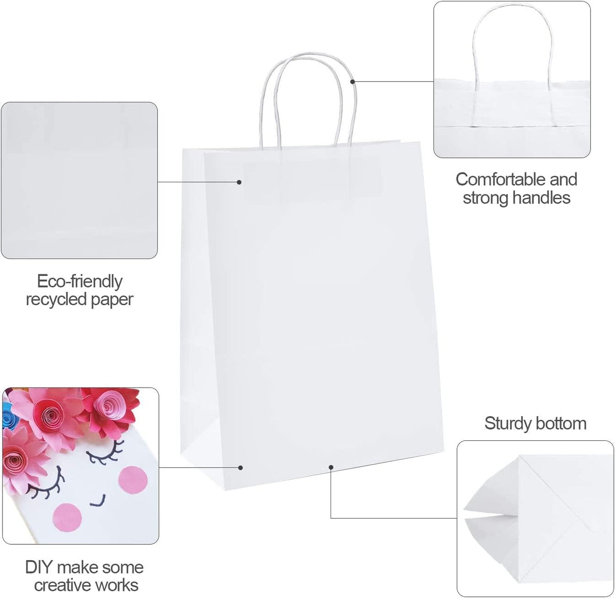 White Kraft Gift Bags with Handles, Natural Plain Kraft Paper Shopping Bags 15 pcs