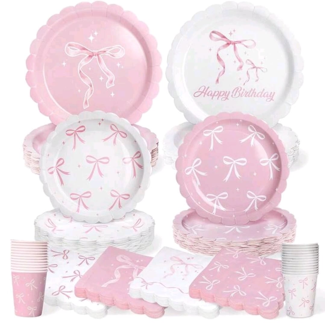 100pcs Bow pink white plate cup tableware serves 20