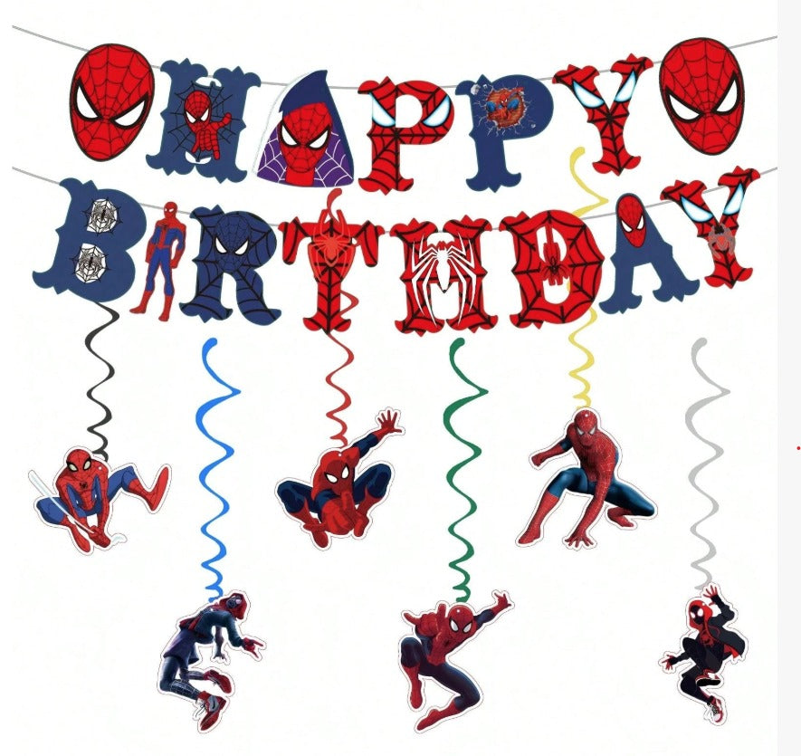 spiderman birthday banner and hanging