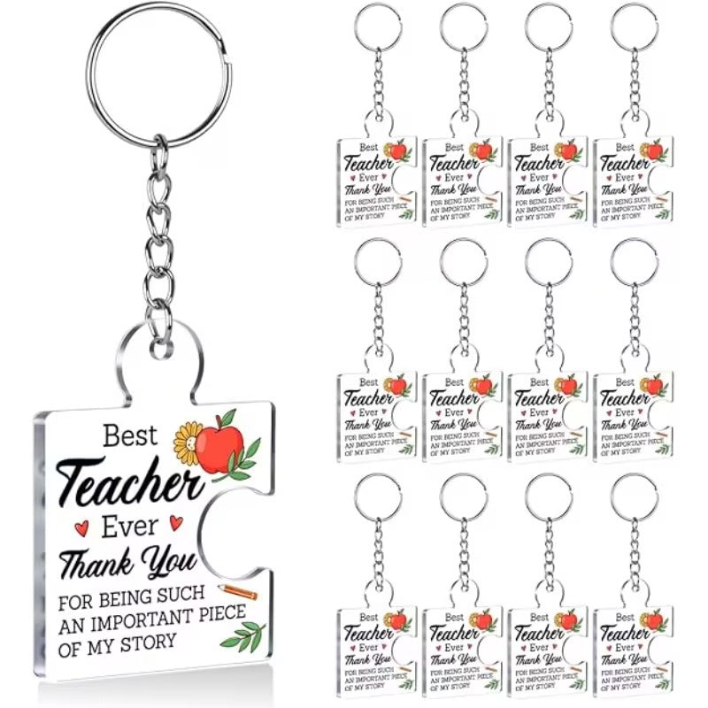 12pcs 2D Flat "Best Teacher Ever" Puzzle Key Chain Set
