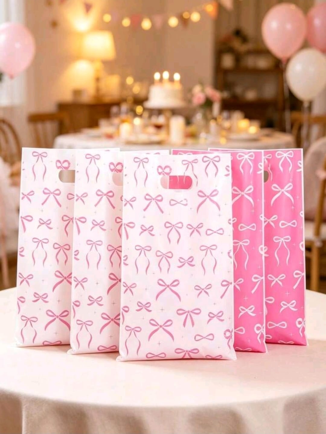 50pcs pink and white bow gift bags