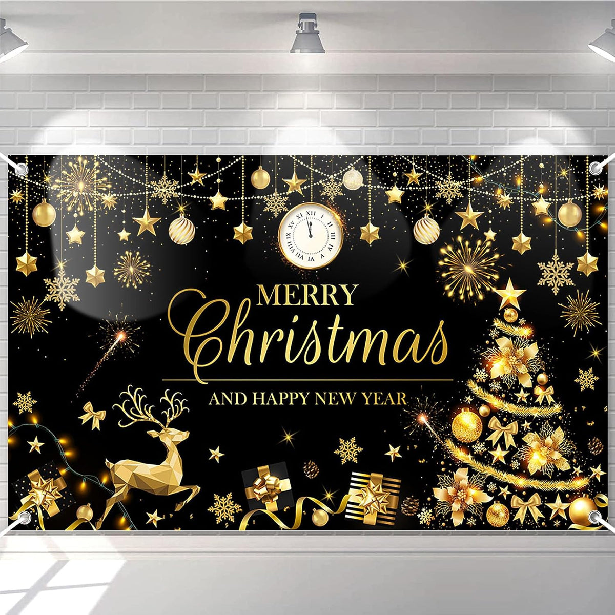 Black new year and seasonal greeting backdrop banner 150x210 cm