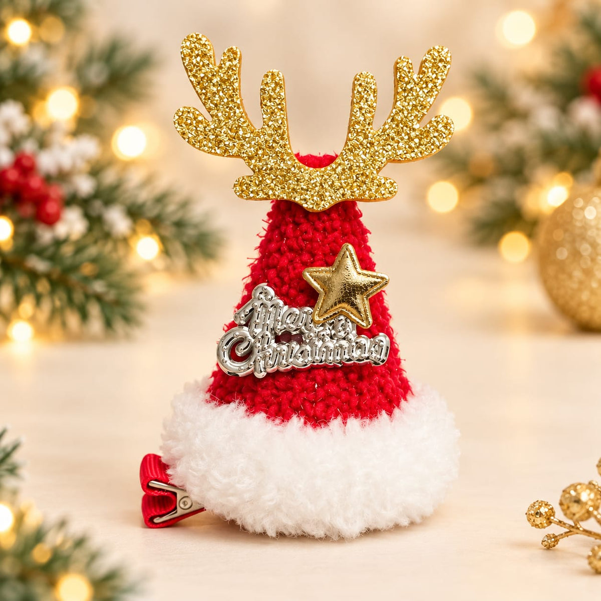 Holiday Season red cap with reindeer horn hair clip