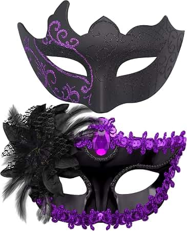 Black purple masquerade mask pair