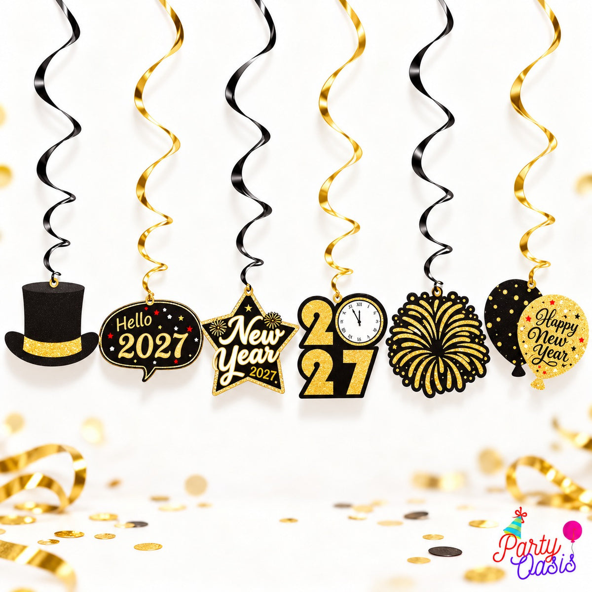 2027 New Year Hanging Swirl Decorations – Black & Gold, 6 Pieces