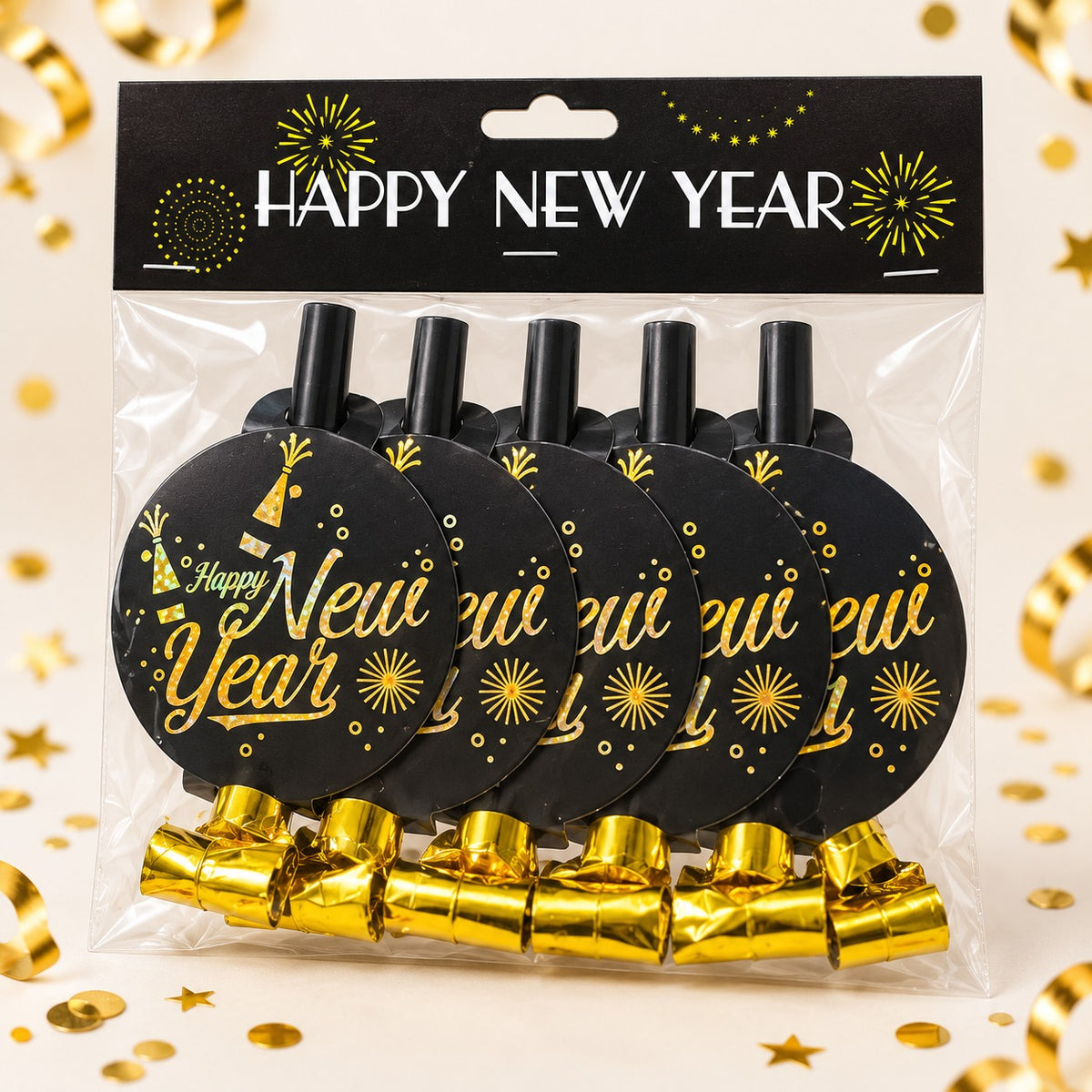 Premium happy new year blowers gold - pack of 6