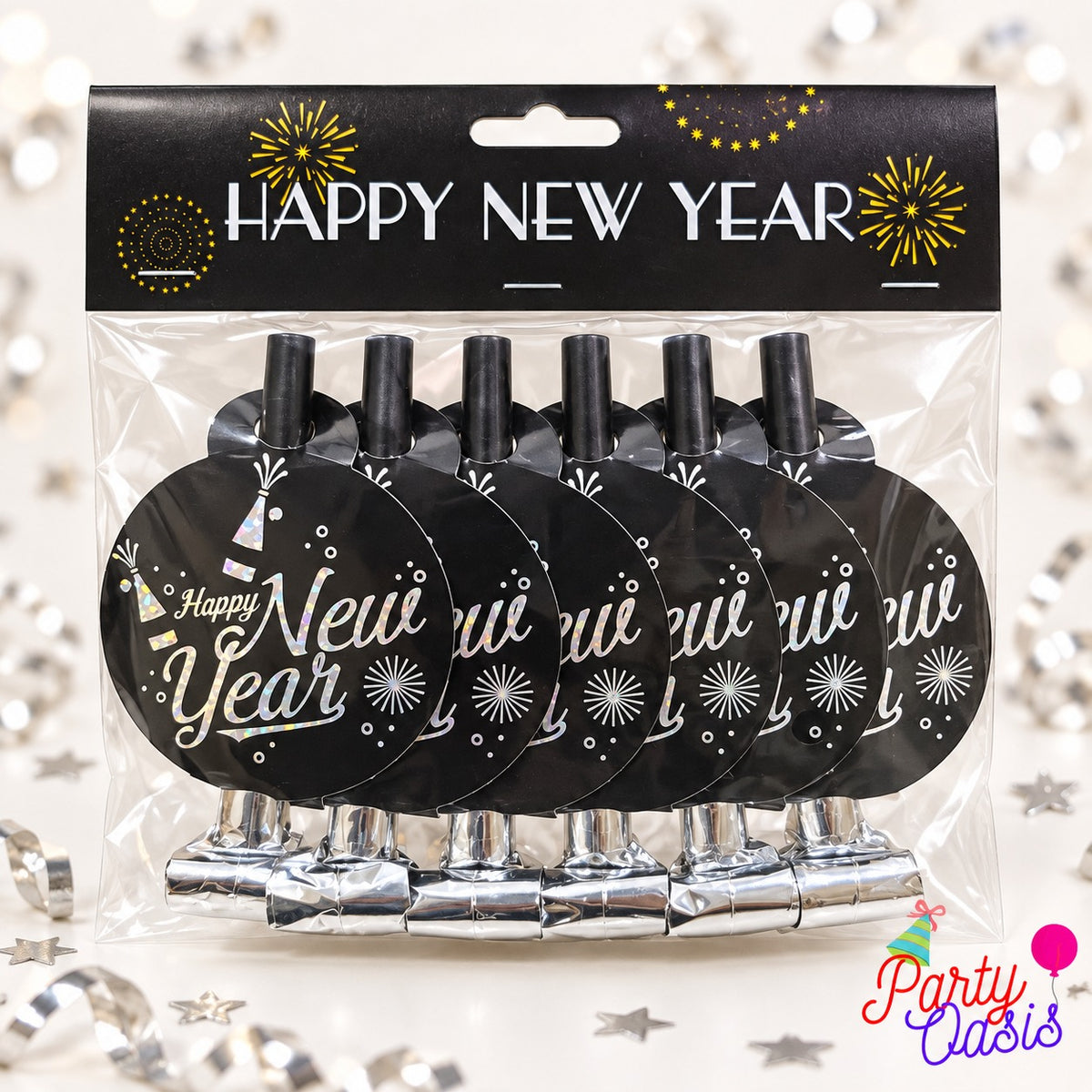 Premium happy new year blowers silver - pack of 6