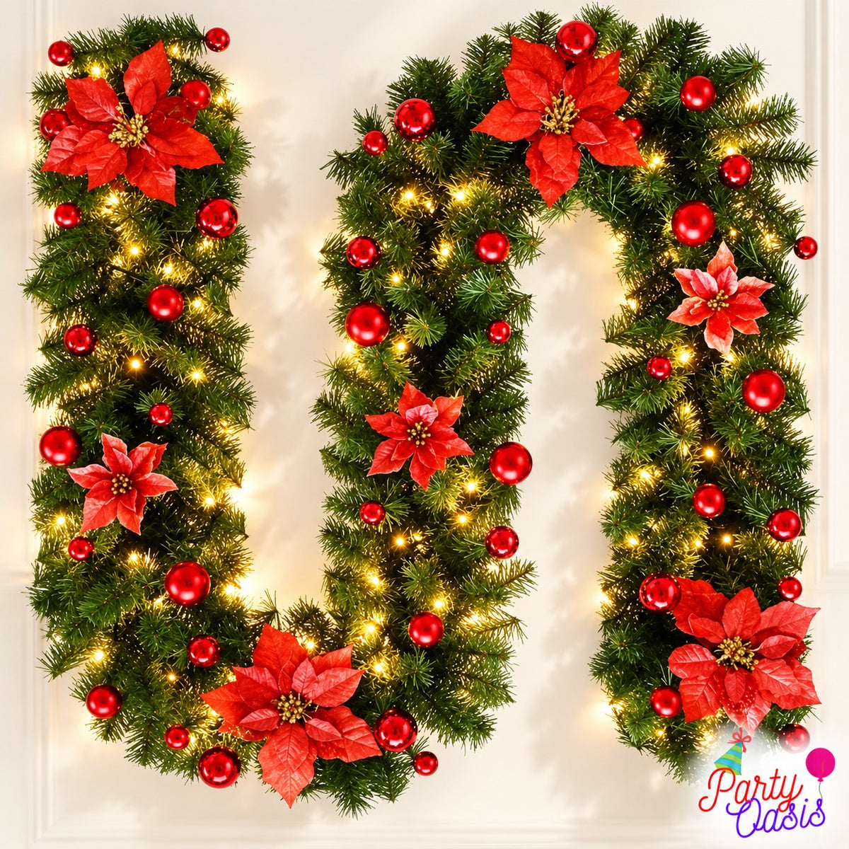 Festive season Garland with Red Flowers, Baubles & Warm Lights 2.7m