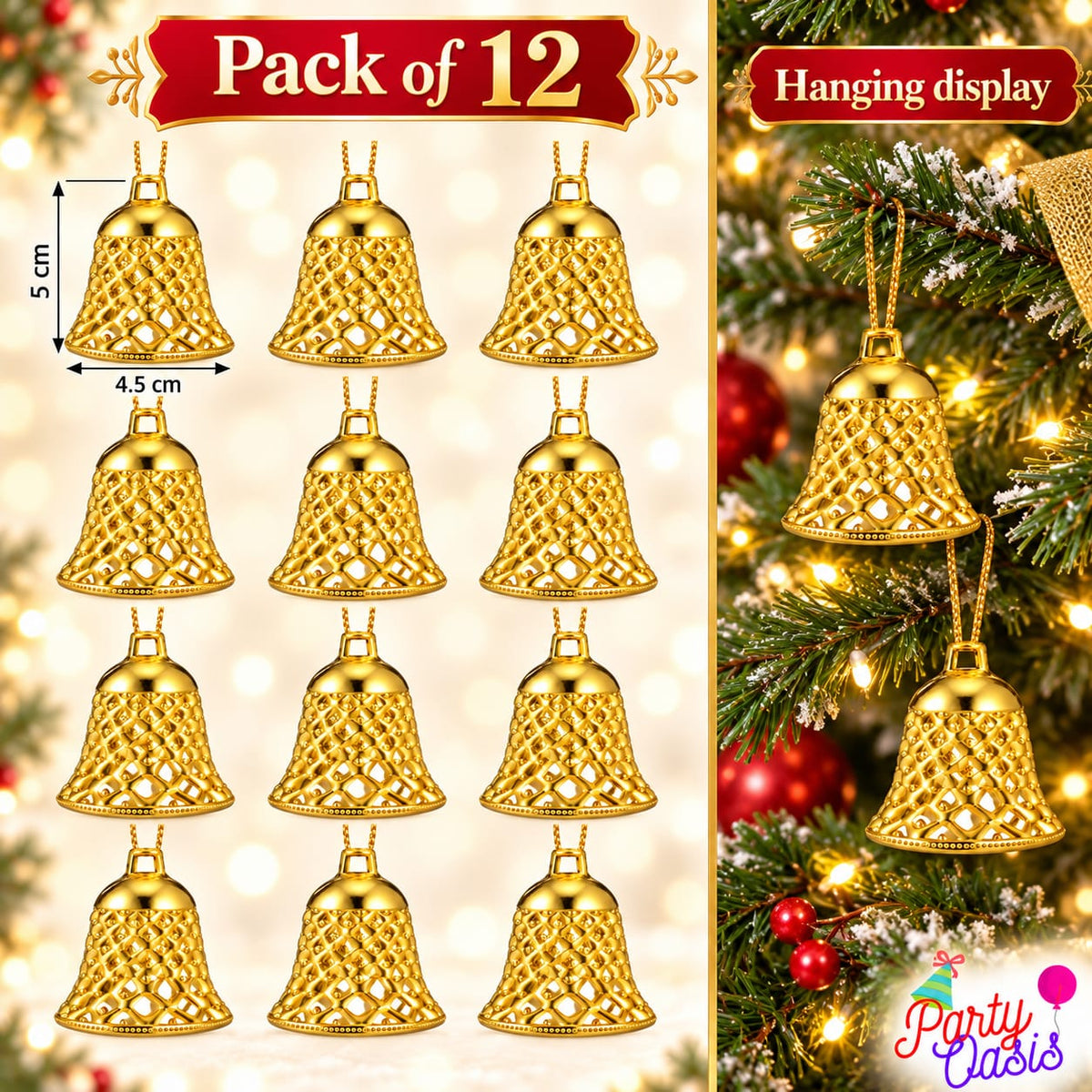 Festive season bell shaped tree ornaments pack of 12