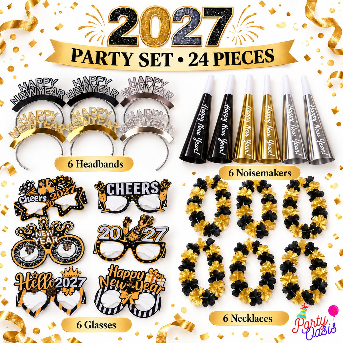 New year 2027 Party Set - serves 6 Black gold decor