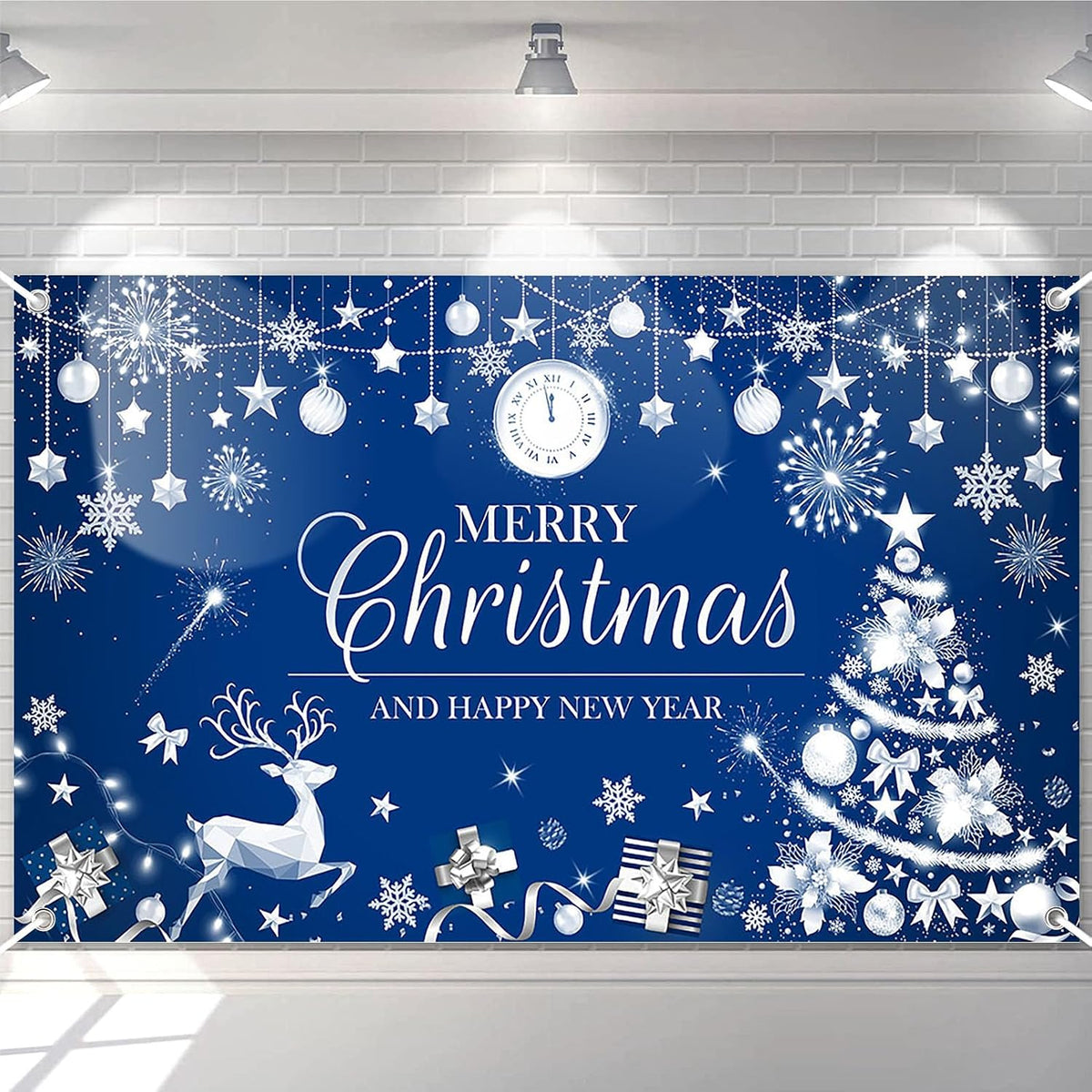 Blue silver new year and seasonal greeting backdrop banner 150x210 cm