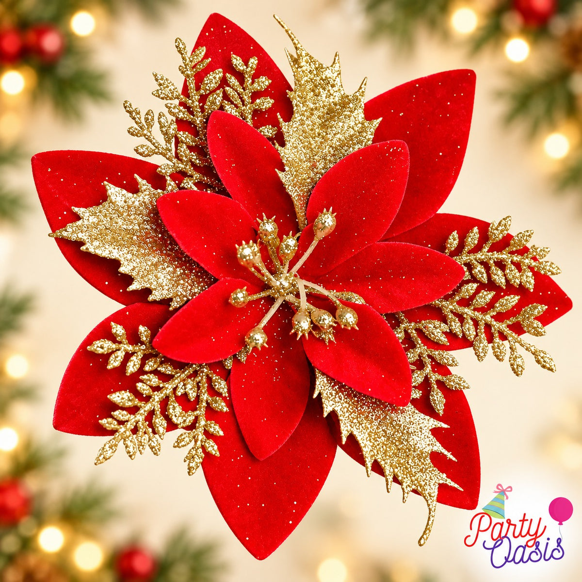 festive season tree ornament star flower - red gold