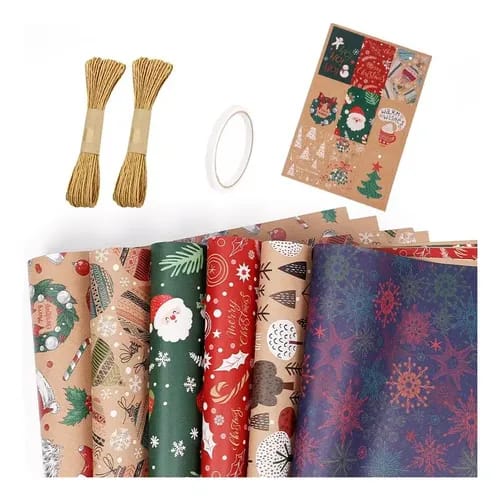 Festive season Pack of 6 wrapping sheet , thread and sticker 50x70cm
