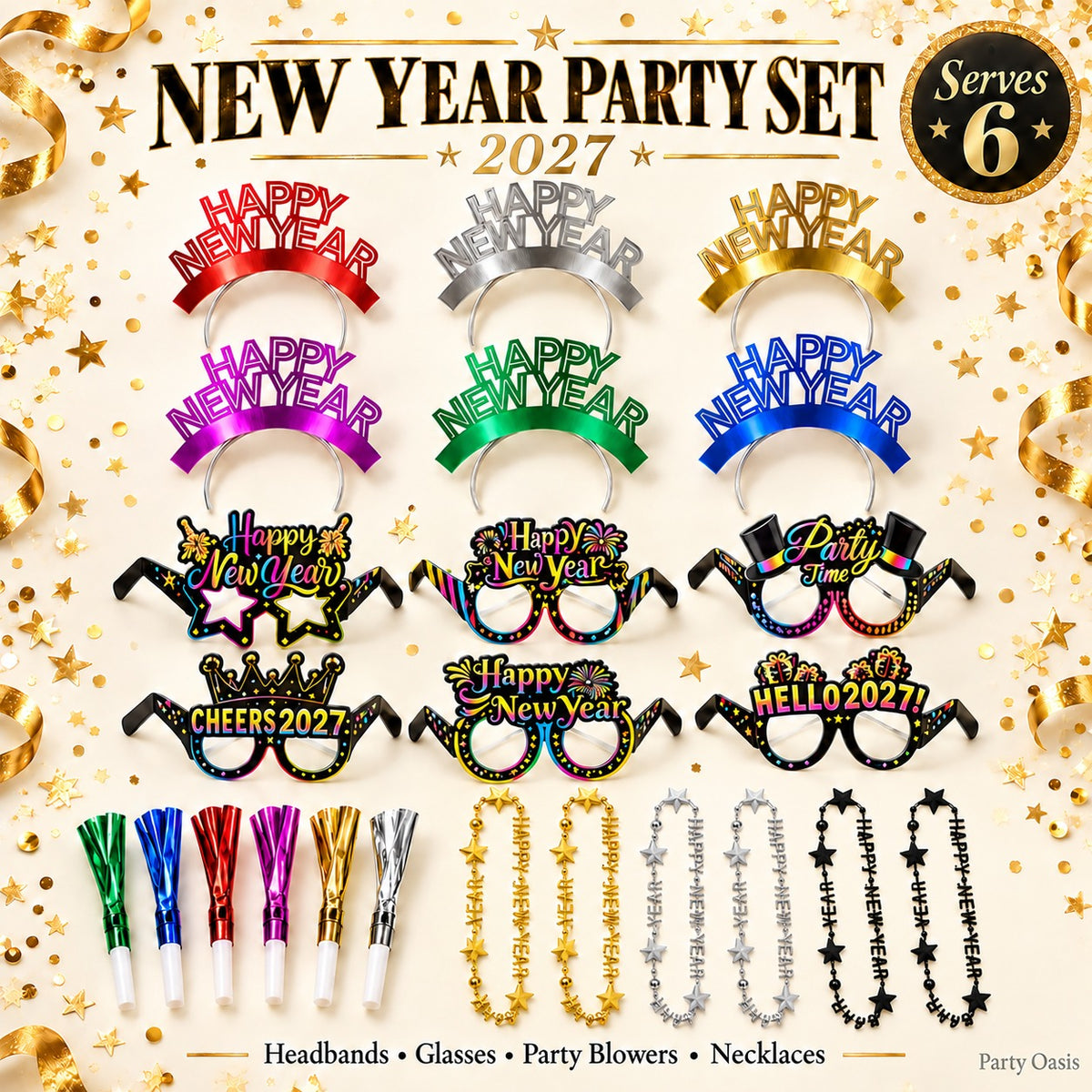colorful new year party set for 6 6 blowers. 6 headband, 6 eye frames, 6 necklace
