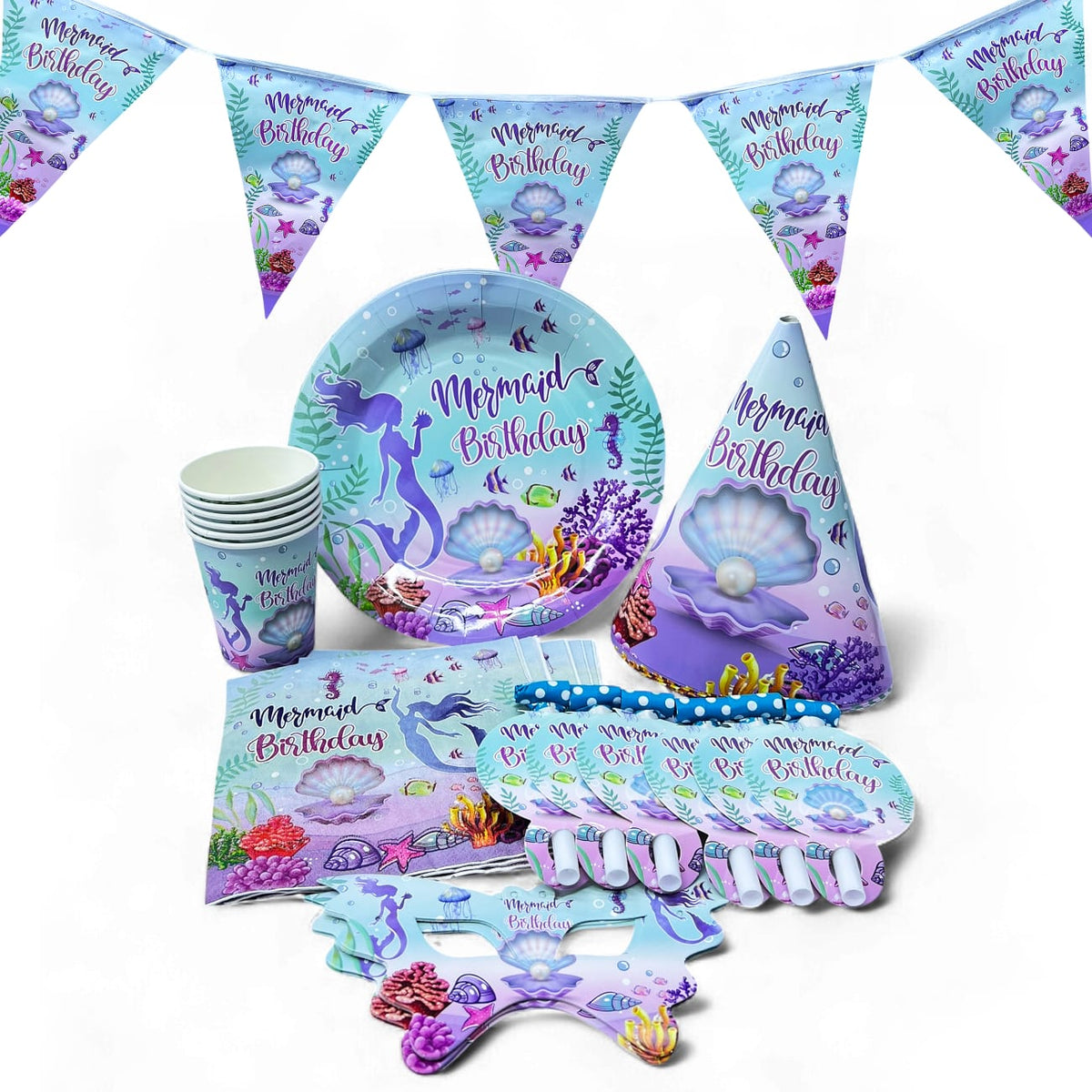 Mermaid  party set plate cup tableware serves 6