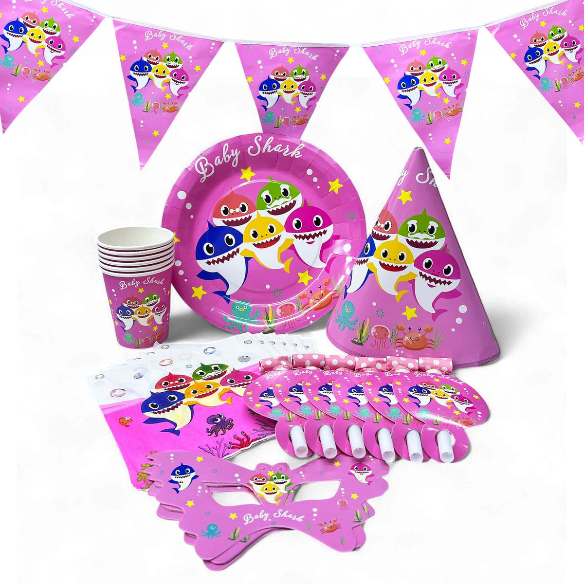Baby shark pink  party set plate cup tableware serves 6
