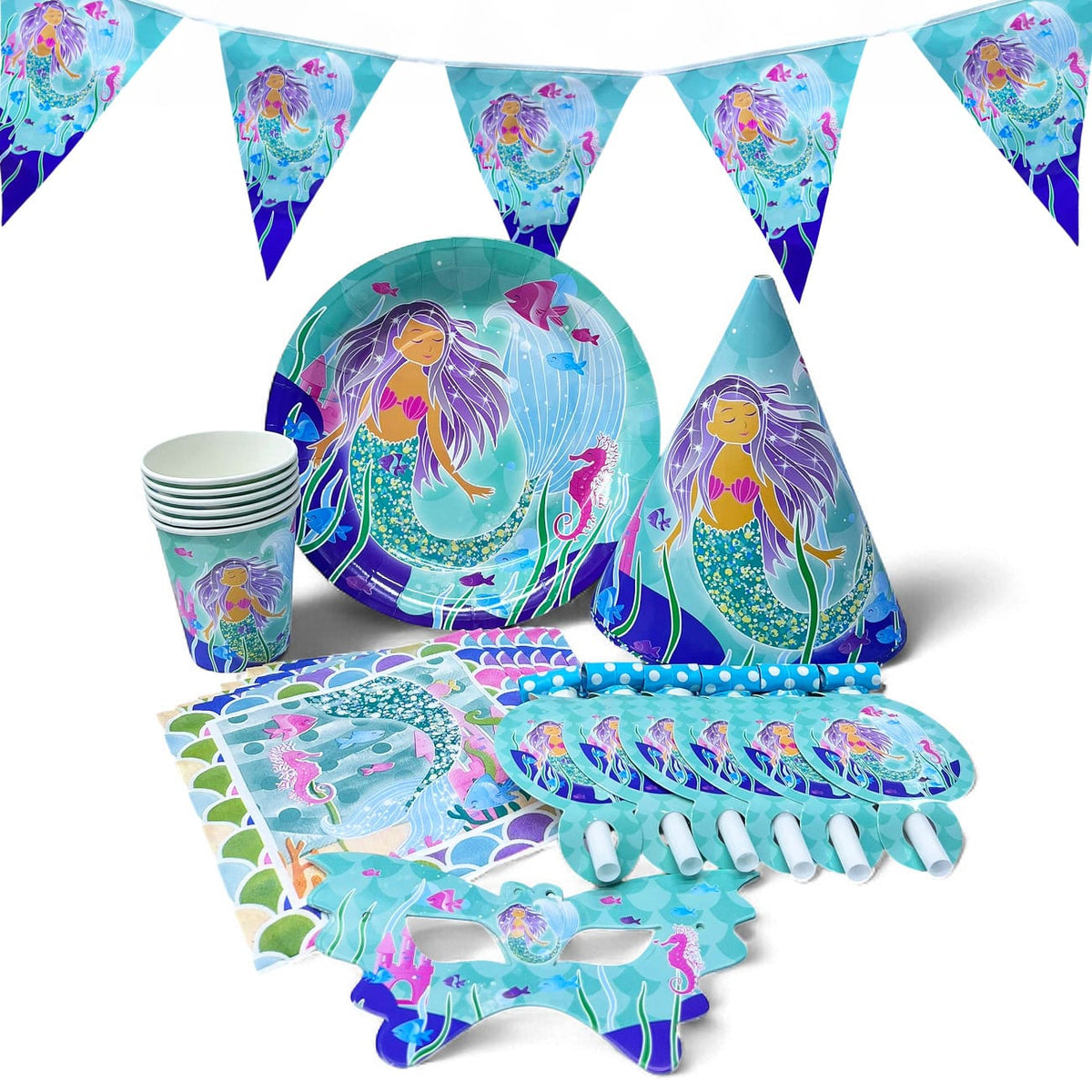 Mermaid party set plate cup tableware serves 6