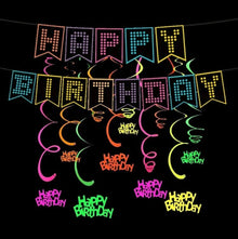 1 Set Neon Birthday Party Decorations, Glow-In-The-Dark Happy Birthday Banner, UV Blacklight Swirl Hanging Decor