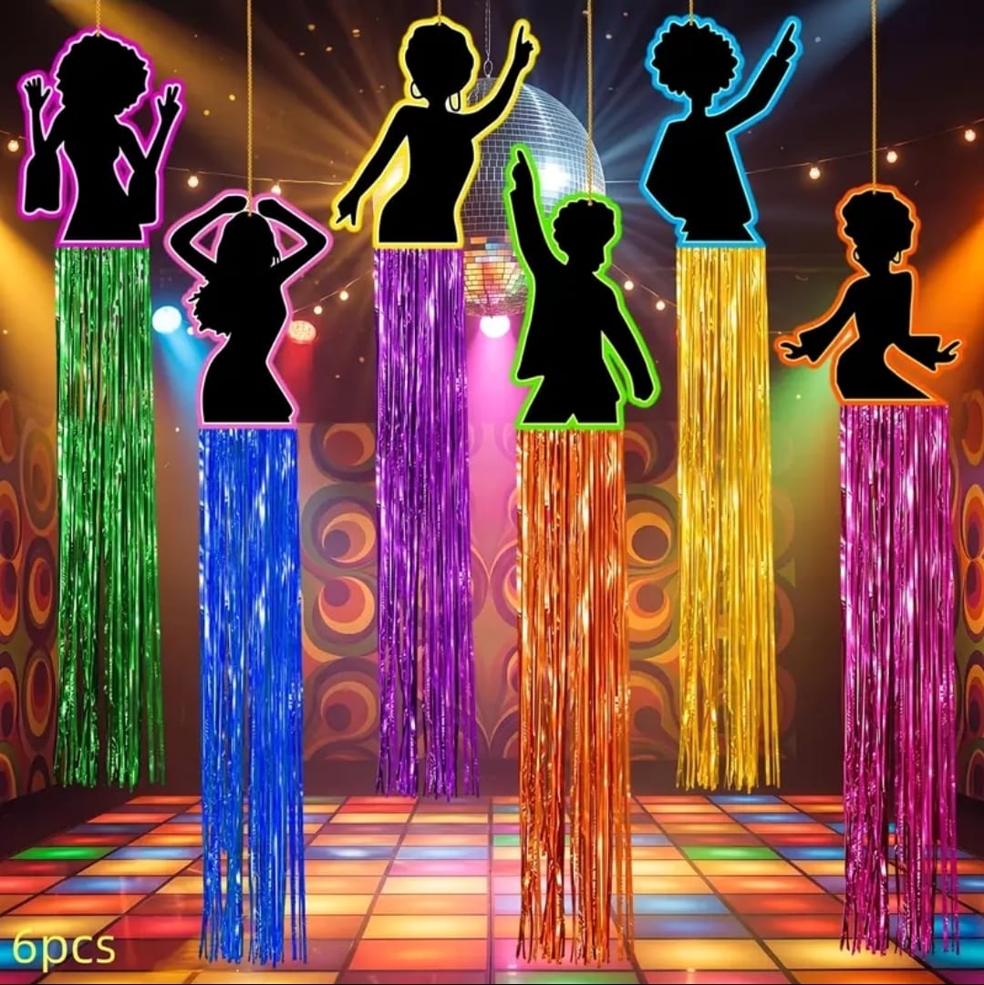 6 pcs, Disco Dancer Silhouette Streamer Hanging Cutouts with Colorful Tinsel Streamers Retro 70S 80S Party