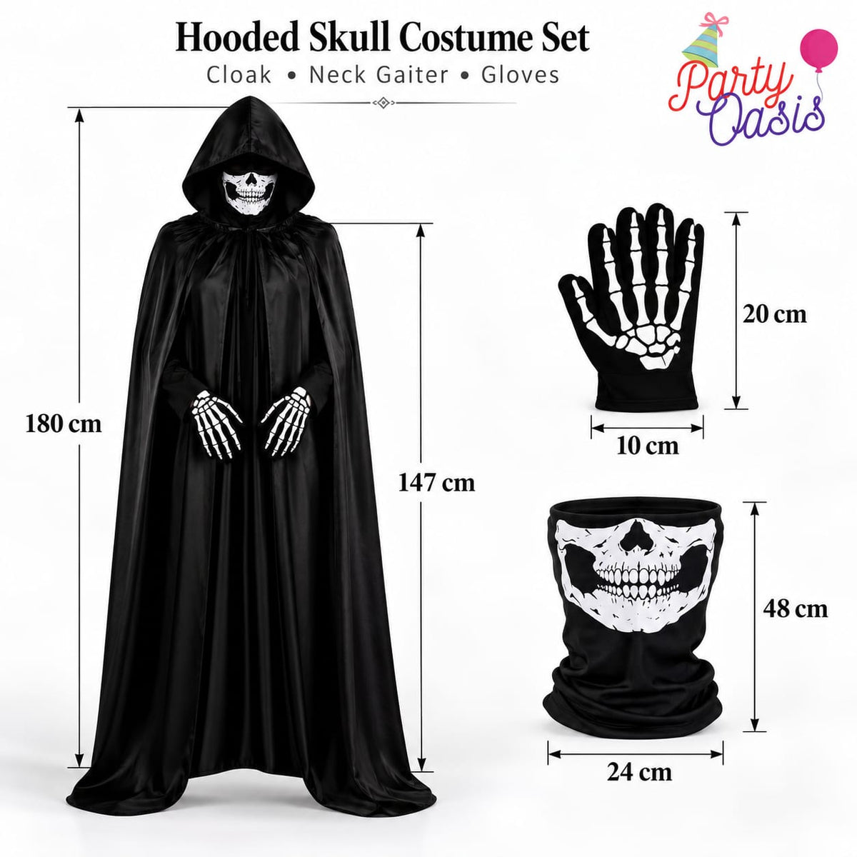 3pcs Black Hooded Wizard Cloak + Skull Neck Gaiter Mask + Skull Gloves costume for trick or treat