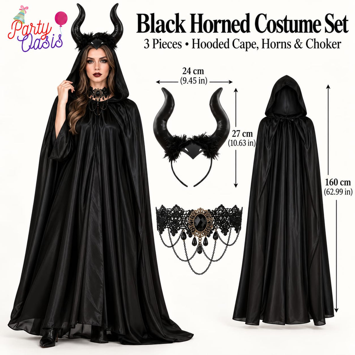 3pcs Demon Witch Costume Includes Necklace, Cape, Headband - Gothic Style wizard Costumes