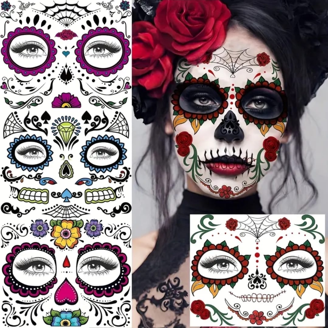 4 Sheets Face Tattoos Scary Zombie Witch Facial Makeup Temporary Tattoos