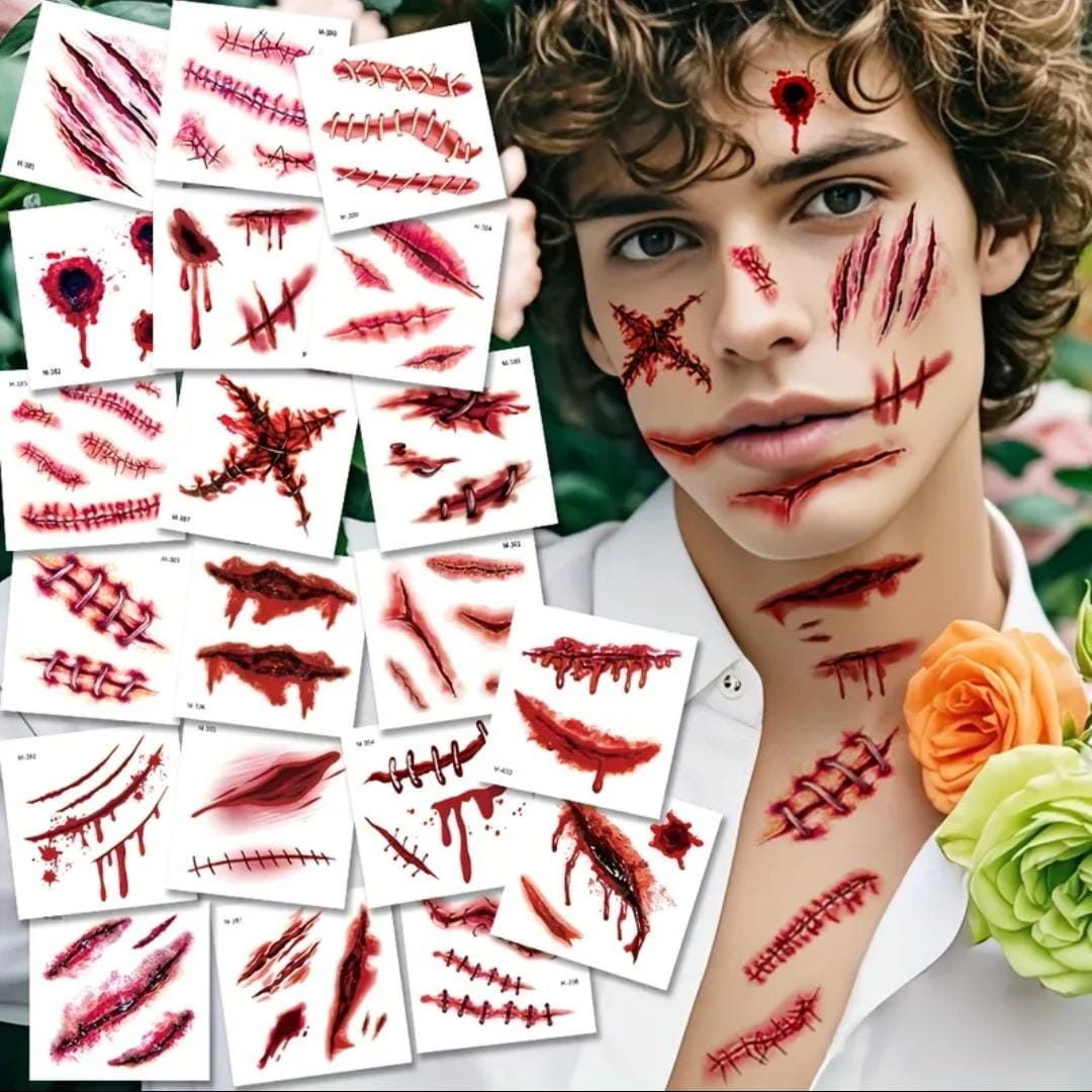 20 Sheets Realistic 3D Temporary Tattoos, Bloody Fake Wound Stitch Scabs Scary Horror Fake Tattoos