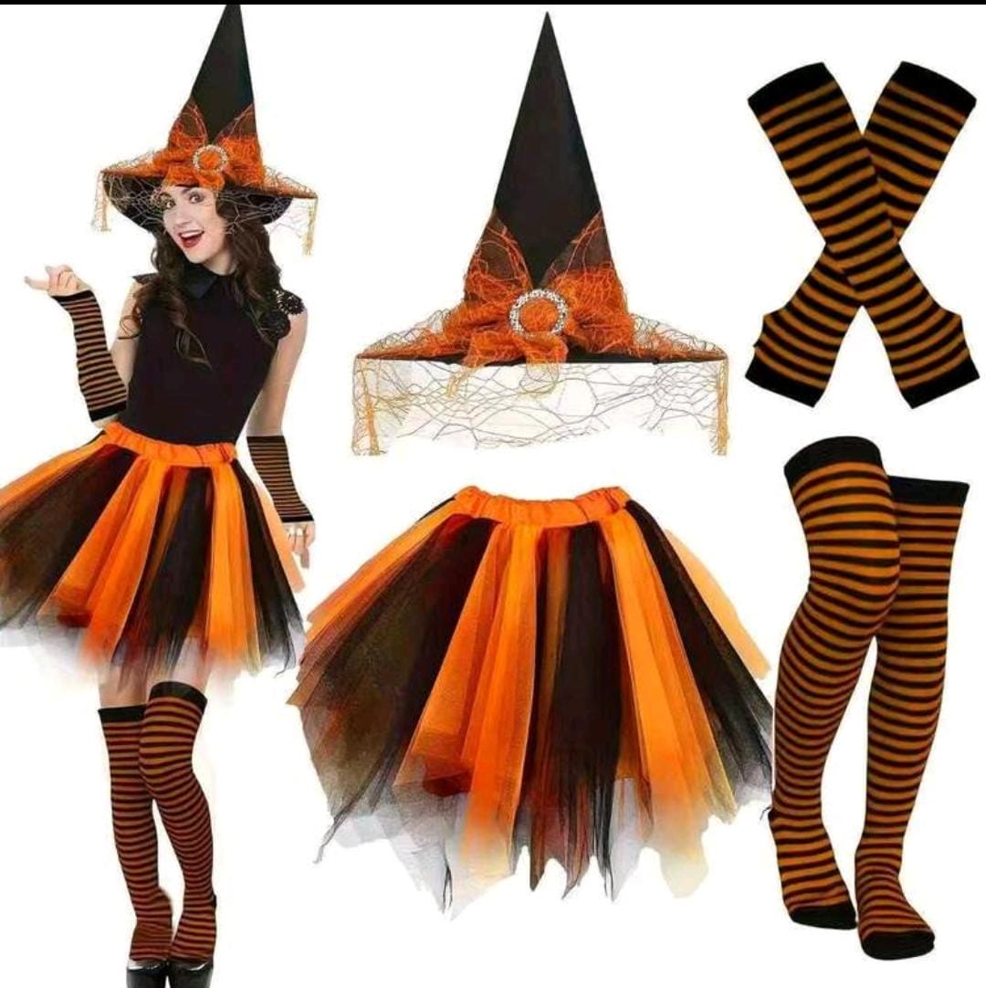 Women's orange & Black Witch Costume Includes Tulle Skirt, Witch Hat, Striped Socks & Arm Warmers Free size