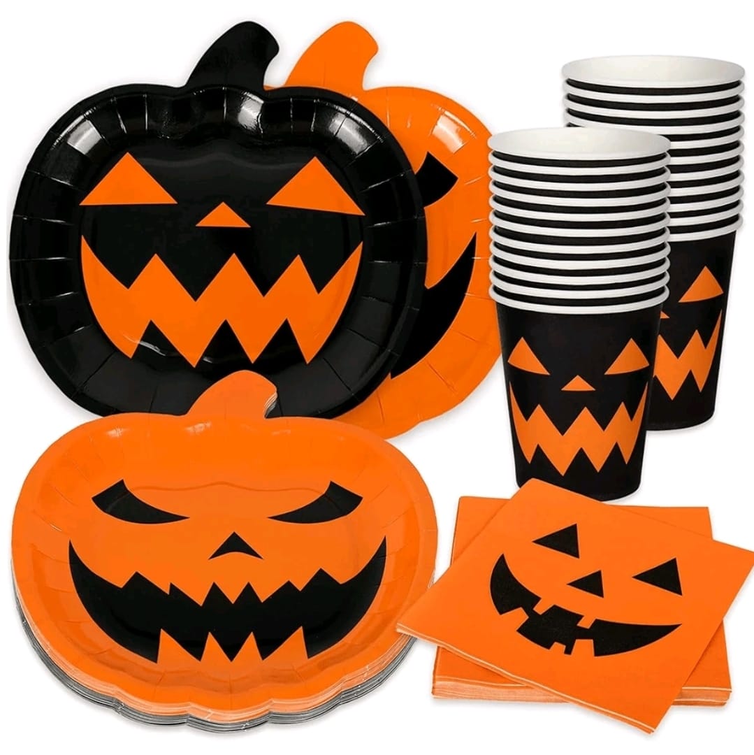 80pcs pumpkin Party  Paper Tableware: Disposable Orange & Black Pumpkin Themed Paper Plates, Cups And Napkins For Scary Parties