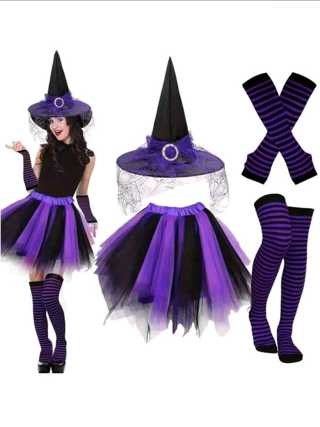 Women's purple & Black Witch Costume Includes Tulle Skirt, Witch Hat, Striped Socks & Arm Warmers Free size