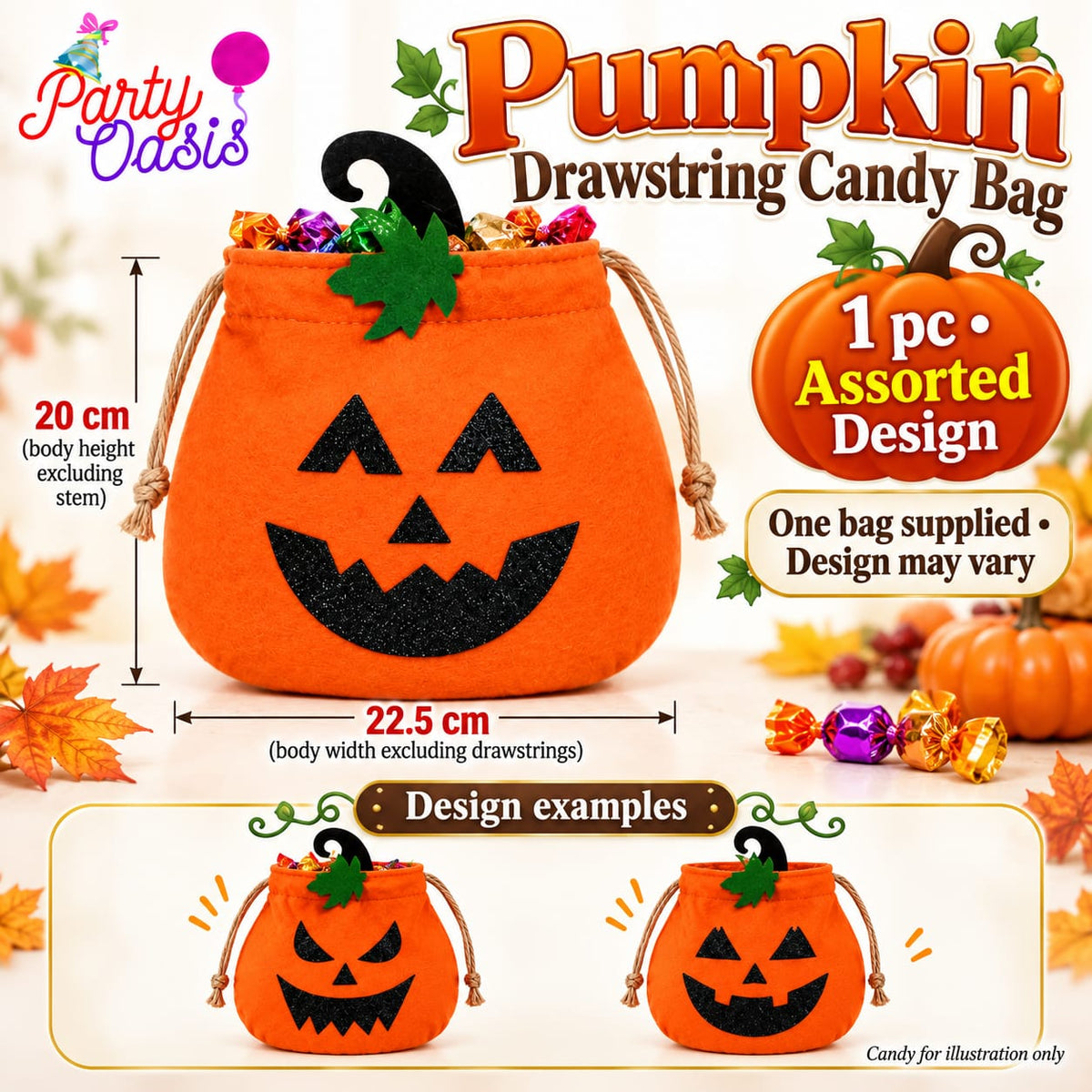 Pumpkin drawstring candy bag 1pc assorted design for trick or treat without candy