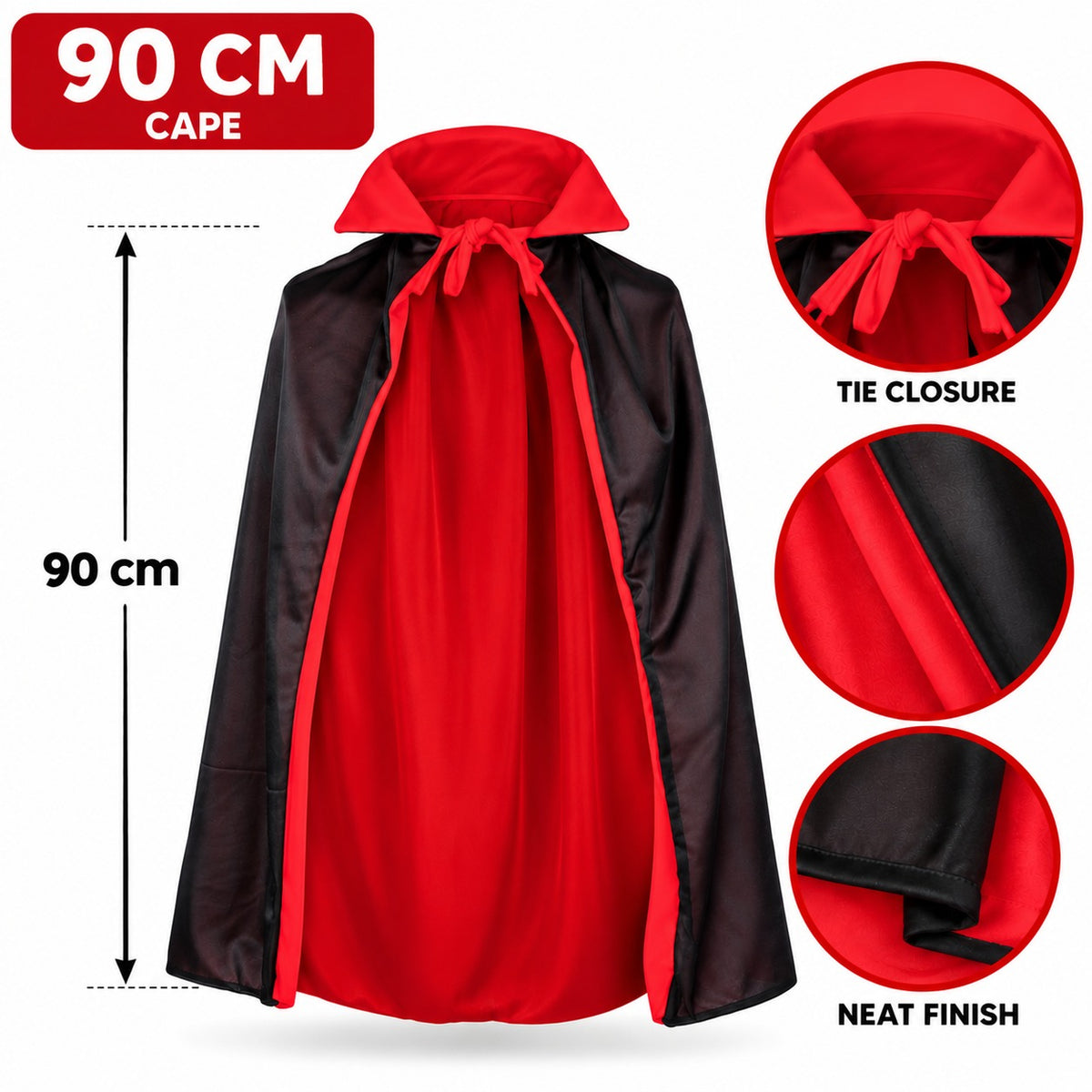 Kids Vampire Red & Black Double-Layer Cape, Reversible Grim Reaper Cloak 90 cm